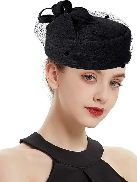 Women\'s British Style Pillbox Church Derby Wedding Winter Vintage Veil Hat Black